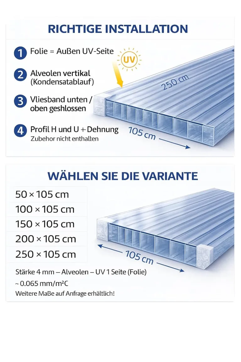 Polycarbonat Doppelstegplatte 4 mm klar, Zuschnitt 2000 x 1050 mm (L x B), Breite 1050 mm fix, UV-Schutz einseitig – Gewächshausplatten, Überdachung, Pergola, Carport | Macrolux Makrolon – Bild 2