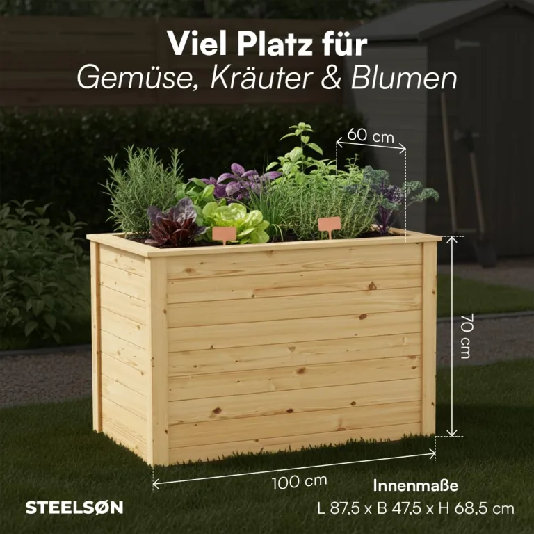 STEELSØN Theemin Hochbeet Natur – Pflanzenkübel 100x60x70 cm (LxBxH) – Kräuterbeet aus Lärchenholz – Gartenbeet mit UV-Schutzlackierung – Beet wetterfest – Pflanzenkasten für Garten – Kräuterbeet Holz – Bild 8