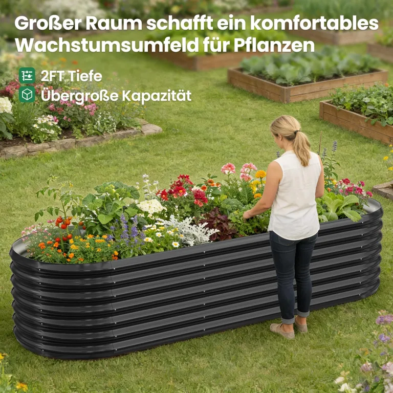 SUNYRISY Hochbeet Metall für Garten, 240x90x60cm Verzinkter Stahl Pflanzkasten Blumenkasten Kräuterbeet Pflanzbeet Blumenbeet Hochbeet-Kit für Garten Balkon Terrasse, Schwarz Ellipse – Bild 2