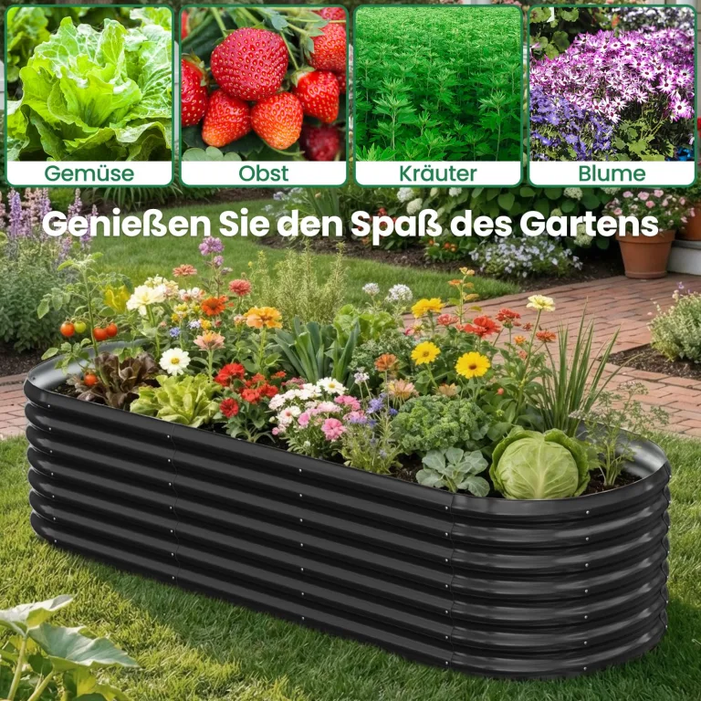 SUNYRISY Hochbeet Metall für Garten, 240x90x60cm Verzinkter Stahl Pflanzkasten Blumenkasten Kräuterbeet Pflanzbeet Blumenbeet Hochbeet-Kit für Garten Balkon Terrasse, Schwarz Ellipse – Bild 9