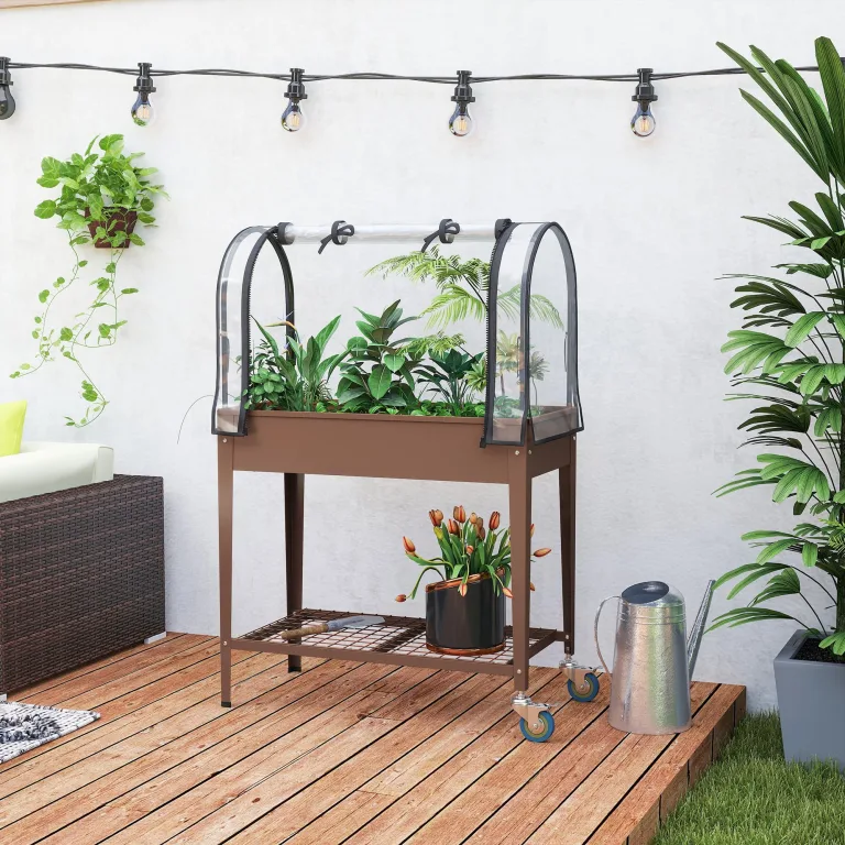 Outsunny Hochbeet mit transparenter Plane, Mini-Gewächshaus, 2 Rollen und 1 untere Ablage für Gemüse, Blumen, Gemüse, Gemüse, Maße: 80 x 40 x 120 cm (L x B x H) – Bild 9