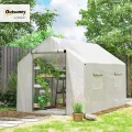 Outsunny Gewächshaus 3 x 2 x 2 m Foliengewächshaus mit Breiter Rollbar Reißverschlusstür, Moskitonetz, Spitzdach 4 Fenster, UV-beständiger Folientunnel, Winterfest Tomatenhaus mit Erdanker, Weiß - Thumbnail 2