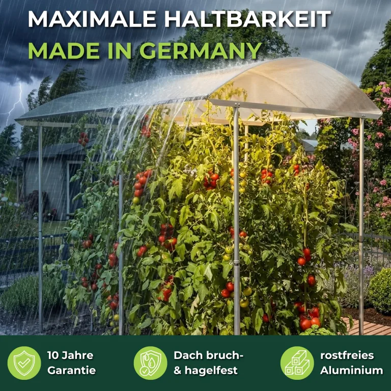Beckmann Tomatendach PSR4 – Stabile Tomatenüberdachung & Überdachung für Hochbeet 400x150 cm – Winterfestes Alu Schutzdach, hagelfeste 6mm Platten gegen Braunfäule – Höhenverstellbar – Bild 3