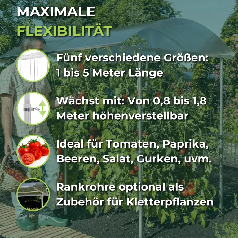 Beckmann Tomatendach PSR4 – Stabile Tomatenüberdachung & Überdachung für Hochbeet 400x150 cm – Winterfestes Alu Schutzdach, hagelfeste 6mm Platten gegen Braunfäule – Höhenverstellbar – Bild 4