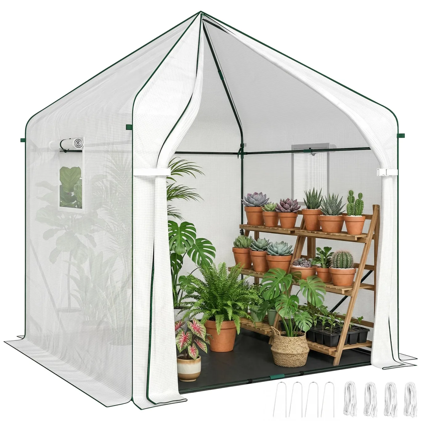 Outsunny 160 x 160 x 200 cm Begehbares Gewächshaus für den Außenbereich mit verstärktem Stahlrahmen und PE-Abdeckung, großes Pflanzenhaus mit Rolltür und 3 Netzfenstern, mit PE-Bodenabdeckung, weiß - Bild 1