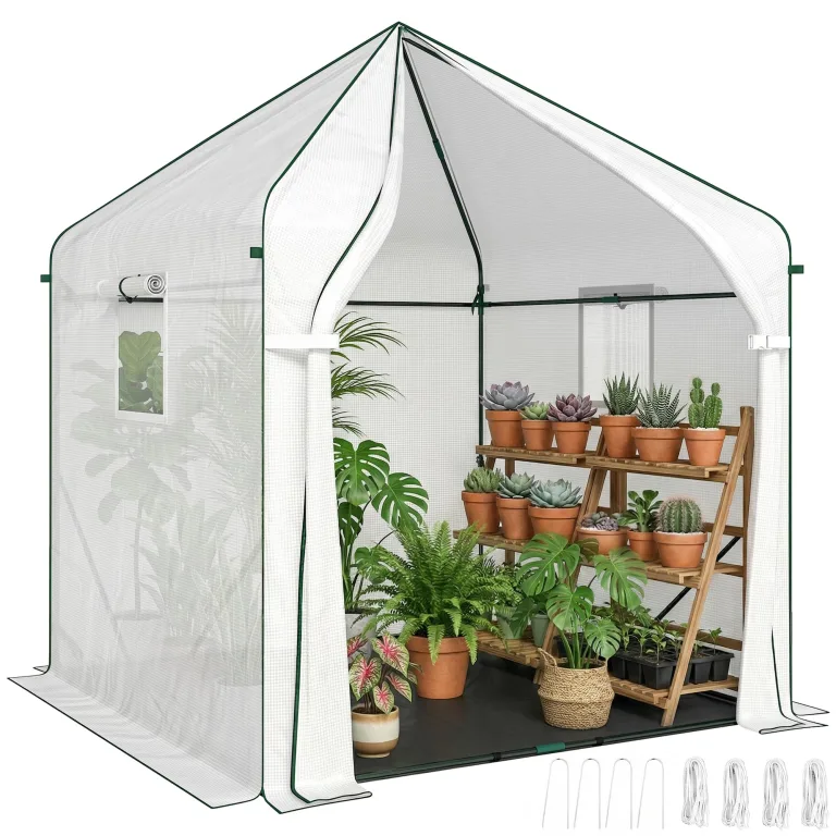Outsunny 160 x 160 x 200 cm Begehbares Gewächshaus für den Außenbereich mit verstärktem Stahlrahmen und PE-Abdeckung, großes Pflanzenhaus mit Rolltür und 3 Netzfenstern, mit PE-Bodenabdeckung, weiß – Bild 1