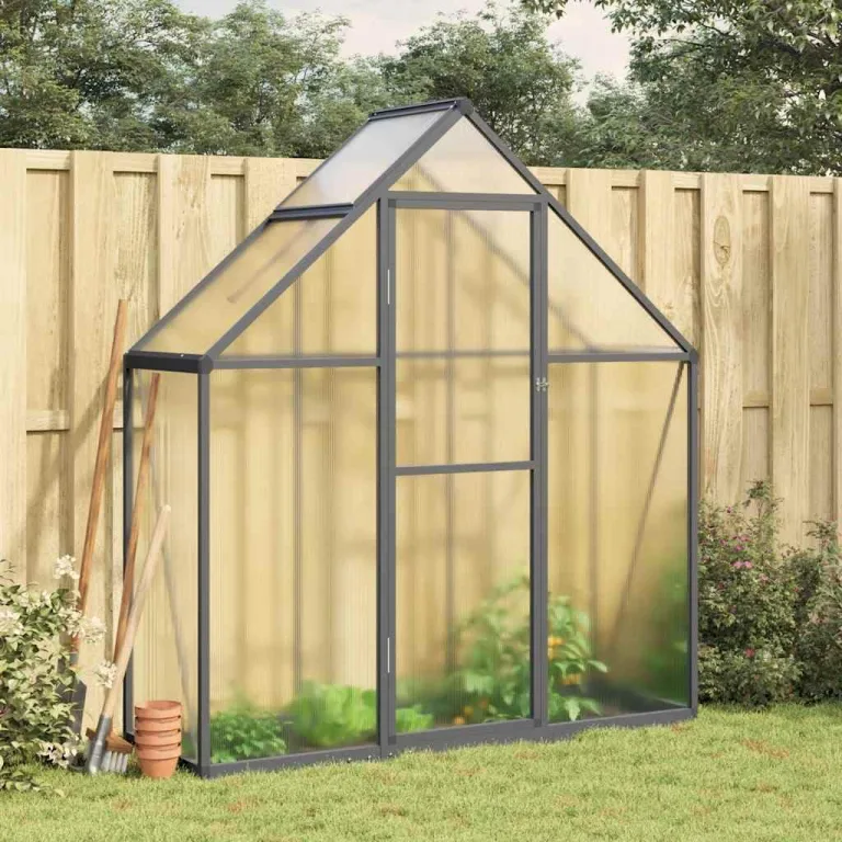 Hommdiy Gewächshaus mit Fundamentrahmen Anthrazit 169x114x202 cm Alu Pflanzenhaus mit Dachrinnensystem Flügeltür Treibhaus für Pflanzen Frühbeet – Bild 1
