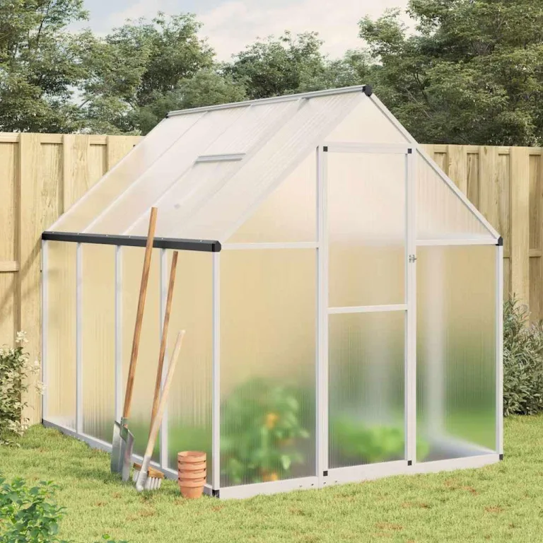 Hommdiy Gewächshaus mit Fundamentrahmen Silbern 169x169x195 cm Alu Pflanzenhaus mit Dachrinnensystem Flügeltür Treibhaus für Pflanzen Frühbeet – Bild 1