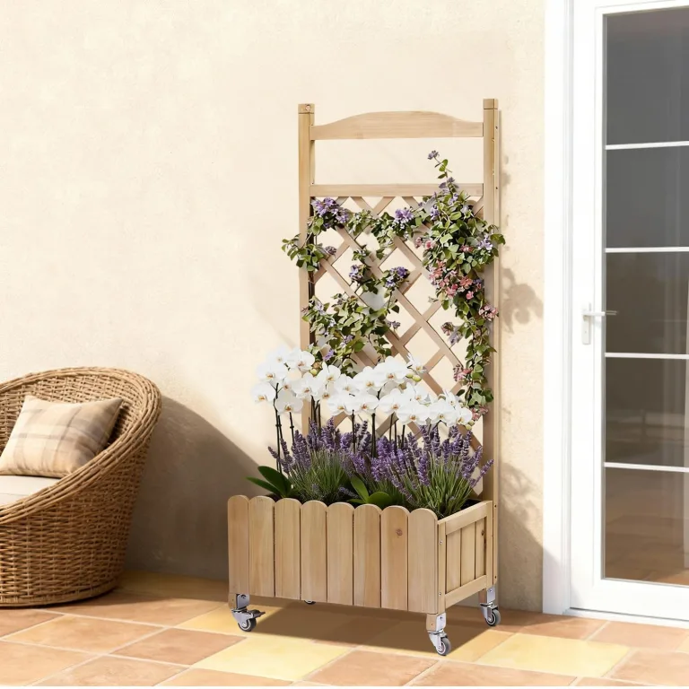 Rankgitter Pflanzkasten mit Rollen, Holz Hochbeet mit Spalier, wetterbeständiger Pflanzenkübel mit Drainagelöchern, mobiler Blumenkasten für Garten, Balkon & Terrasse, 49x28x116cm-Hellbraun – Bild 2