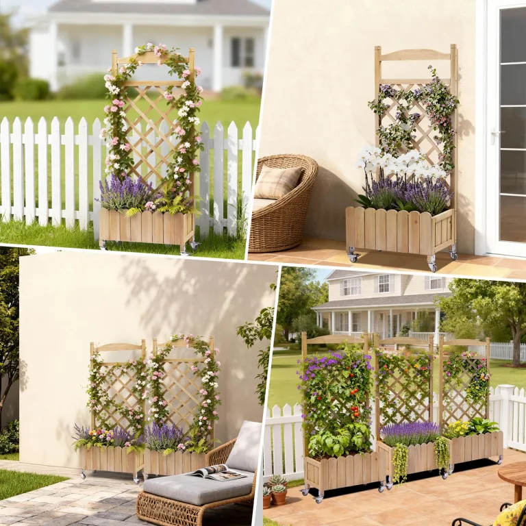 Rankgitter Pflanzkasten mit Rollen, Holz Hochbeet mit Spalier, wetterbeständiger Pflanzenkübel mit Drainagelöchern, mobiler Blumenkasten für Garten, Balkon & Terrasse, 49x28x116cm-Hellbraun – Bild 3
