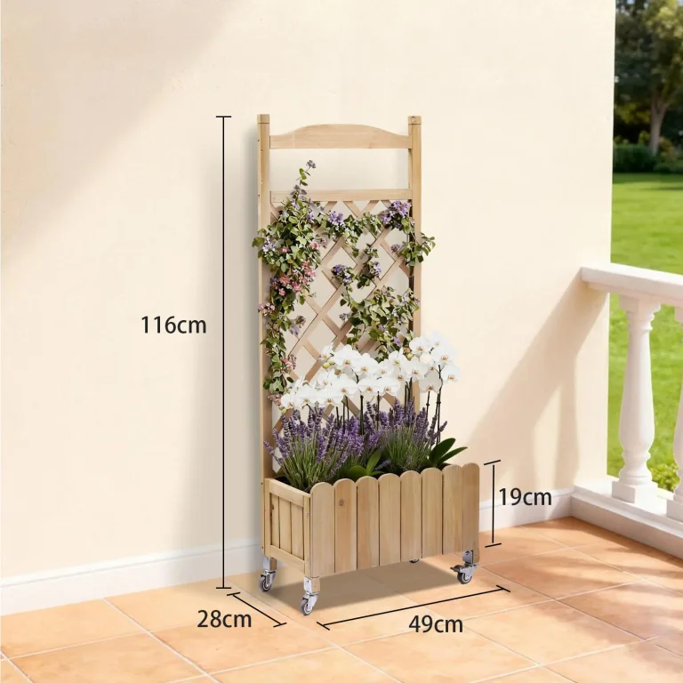 Rankgitter Pflanzkasten mit Rollen, Holz Hochbeet mit Spalier, wetterbeständiger Pflanzenkübel mit Drainagelöchern, mobiler Blumenkasten für Garten, Balkon & Terrasse, 49x28x116cm-Hellbraun – Bild 8