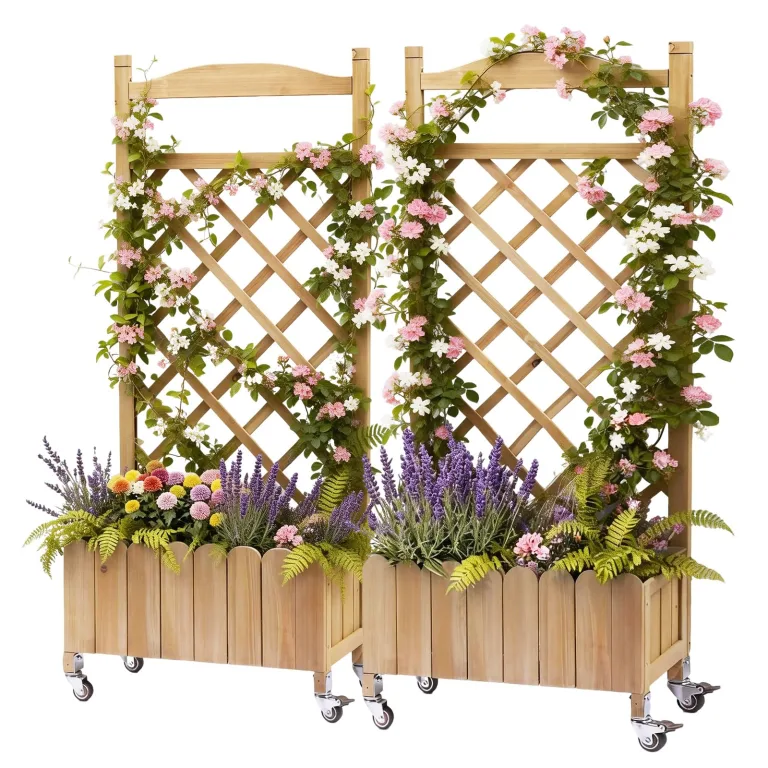 Rankgitter Pflanzkasten mit Rollen, Holz Hochbeet mit Spalier, wetterbeständiger Pflanzenkübel mit Drainagelöchern, mobiler Blumenkasten für Garten, Balkon & Terrasse, 49x28x116cm-Hellbraun – Bild 10