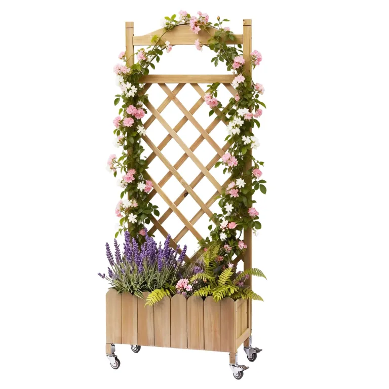 Rankgitter Pflanzkasten mit Rollen, Holz Hochbeet mit Spalier, wetterbeständiger Pflanzenkübel mit Drainagelöchern, mobiler Blumenkasten für Garten, Balkon & Terrasse, 49x28x116cm-Hellbraun – Bild 1