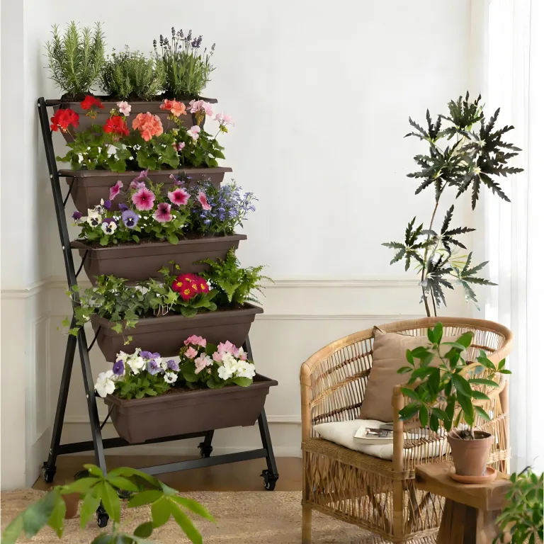 BIGTREE Hochbeet - Pflanzbeet aus Metall mit 5 Etagen - Blumentreppe Pflanztreppe mit Rollen 65x65x135cm - Gemüsebeet & Kräuterhochbeet für Balkon, Terrasse und Garten – Bild 3