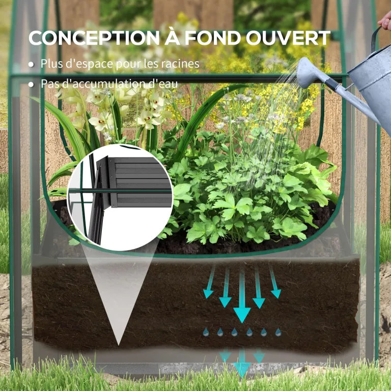 Outsunny Quadratischer Gartenbeet mit Mini-Gewächshaus, Hochbeet, Blumenkasten aus verzinktem Stahl, für Kräuter und Gemüse im Garten, Balkon, Terrasse, Dunkelgrau – Bild 5