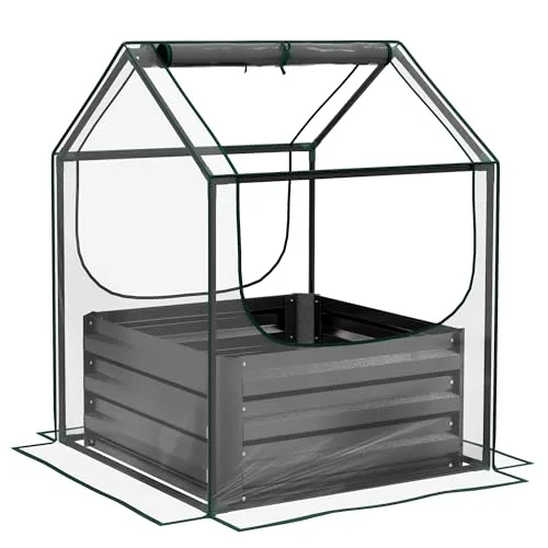 Outsunny Quadratischer Gartenbeet mit Mini-Gewächshaus, Hochbeet, Blumenkasten aus verzinktem Stahl, für Kräuter und Gemüse im Garten, Balkon, Terrasse, Dunkelgrau – Bild 10