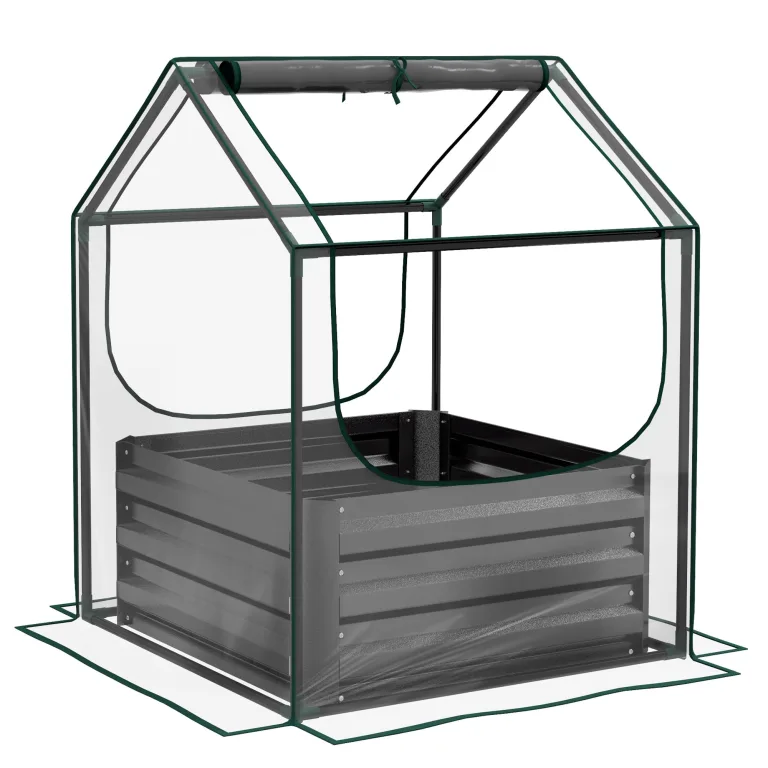 Outsunny Quadratischer Gartenbeet mit Mini-Gewächshaus, Hochbeet, Blumenkasten aus verzinktem Stahl, für Kräuter und Gemüse im Garten, Balkon, Terrasse, Dunkelgrau – Bild 1