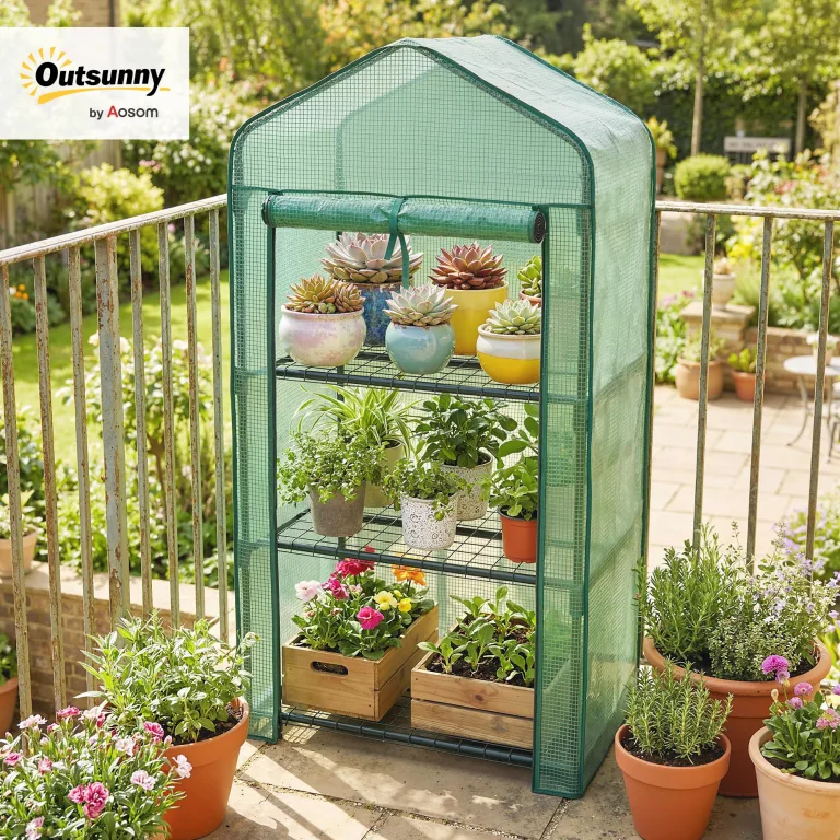 Outsunny Gewächshaus mit 3 Regalböden, Balkongewächshaus, verstärkte PE-Plane, Stahlrahmen, aufrollbare Reißverschlusstür, für Gemüse, Pflanzen und Blumen, 59 x 39 x 127 cm, grün – Bild 2