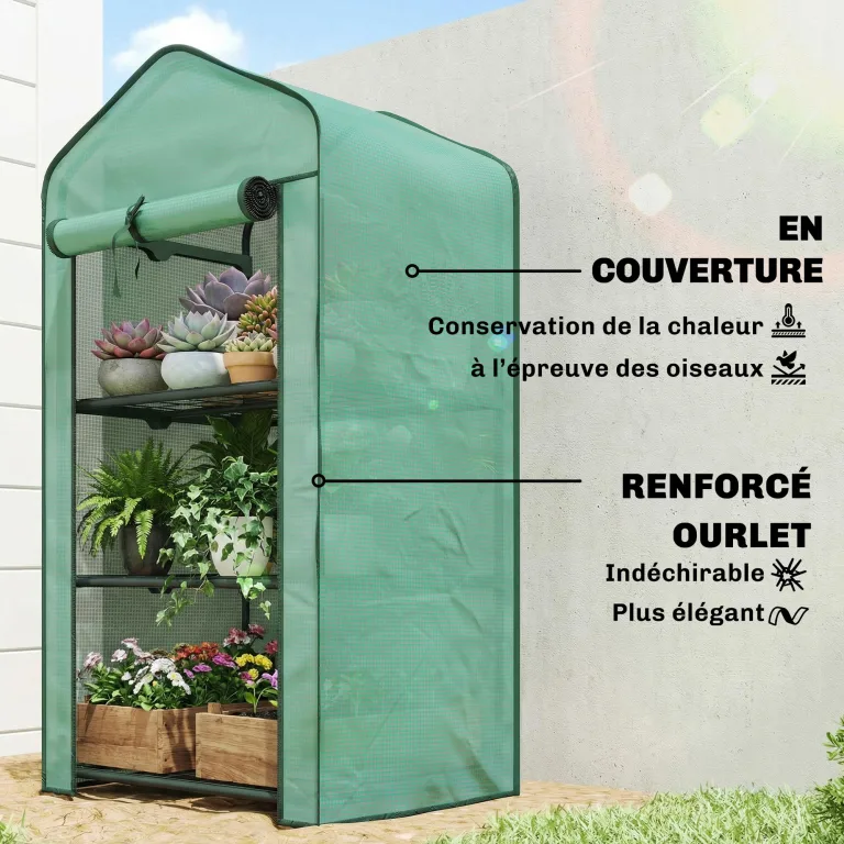 Outsunny Gewächshaus mit 3 Regalböden, Balkongewächshaus, verstärkte PE-Plane, Stahlrahmen, aufrollbare Reißverschlusstür, für Gemüse, Pflanzen und Blumen, 59 x 39 x 127 cm, grün – Bild 3