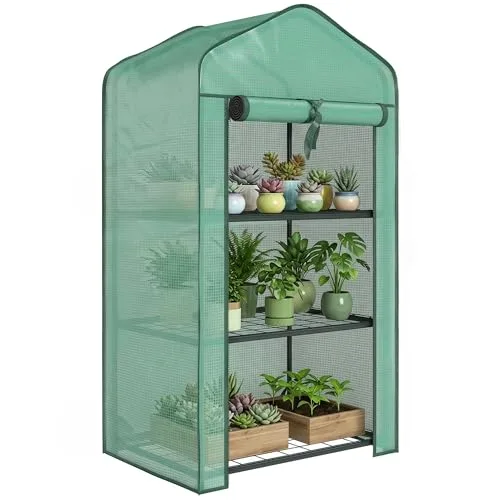 Outsunny Gewächshaus mit 3 Regalböden, Balkongewächshaus, verstärkte PE-Plane, Stahlrahmen, aufrollbare Reißverschlusstür, für Gemüse, Pflanzen und Blumen, 59 x 39 x 127 cm, grün – Bild 10