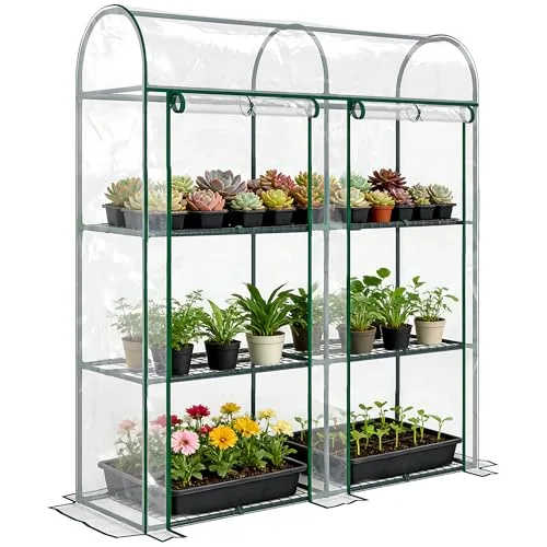 Outsunny Garten-Gewächshaus mit 3 Regalen, kleines Balkongewächshaus aus PVC-Plane und Stahlrahmen, 2 Rolltüren, für Gemüse, Pflanzen, Blumen, 143 x 46 x 164 cm, transparent – Bild 10