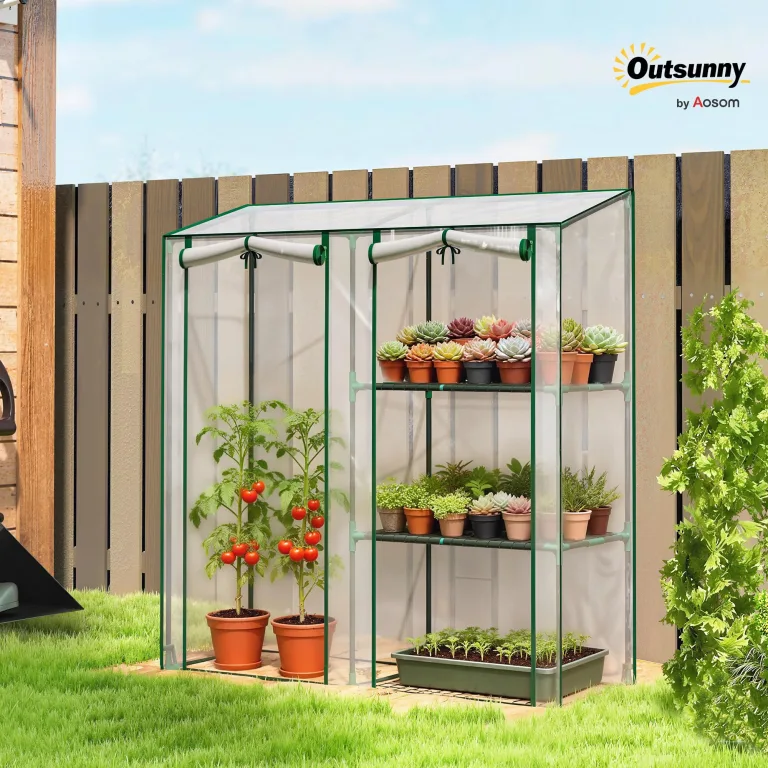 Outsunny Gewächshaus mit 3 Regalböden, kleines Balkongewächshaus aus PVC-Plane und Stahlrahmen, 2 Rolltüren, für Gemüse, Pflanzen und Blumen, 143 x 45 x 151 cm, transparent – Bild 2