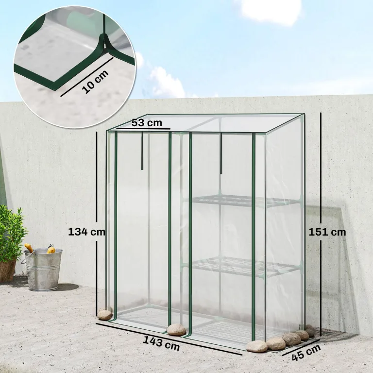 Outsunny Gewächshaus mit 3 Regalböden, kleines Balkongewächshaus aus PVC-Plane und Stahlrahmen, 2 Rolltüren, für Gemüse, Pflanzen und Blumen, 143 x 45 x 151 cm, transparent – Bild 7