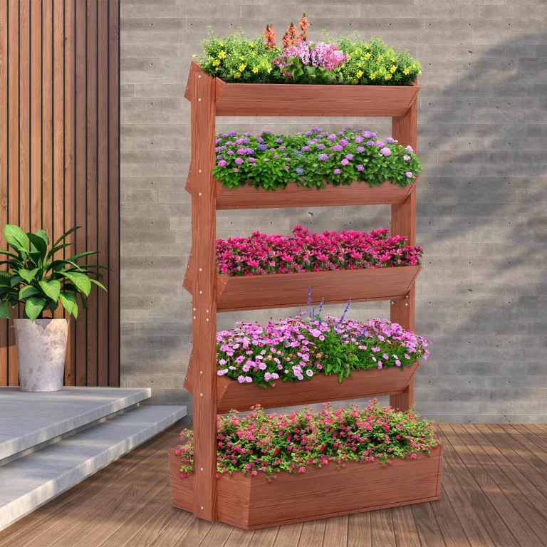 Vertikales Holz Hochbeet mit 5 Etagen Premium Blumenkasten, Frei stehender Blumentreppe Pflanztreppe Gemüsebeet Kräuterbeet Blumenbeet Pflanzkasten für Kräuter, Gemüse, Blumen – Bild 2