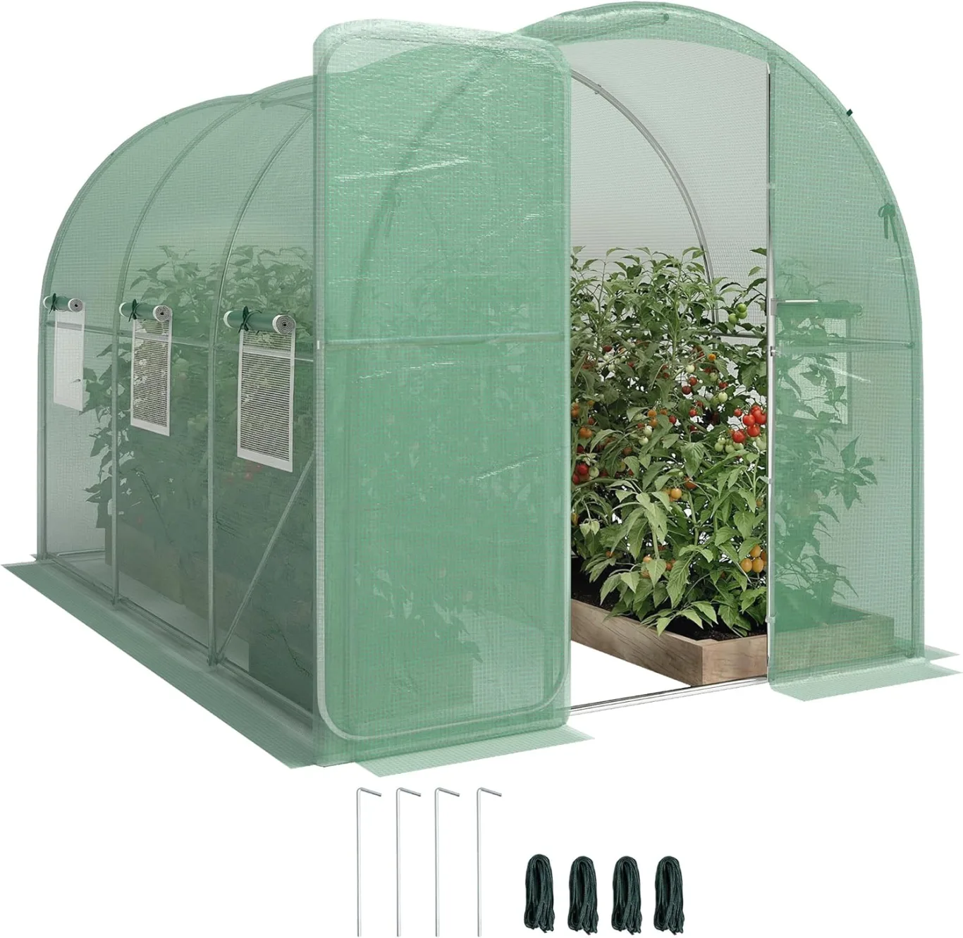 Outsunny Gewächshaus 3 x 2 x 2 m Foliengewächshaus mit Abschließbar Anschlag-Tür 6 Rollbar Netzfenster Stützstangen Verlängerte Kanten, UV-beständig Folientunnel, Winterfest Tomatenhaus, Grün - Bild 1