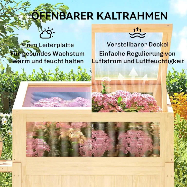 Outsunny Hochbeet mit Frühbeetaufsatz aus Holz Pflanzkasten mit Gewächshaus klappbar Seitentisch Ablagefach, Erhöhtes Frühbeet Pflanzbeet 104x50x120cm Kräuterbeet für Garten Balkon Terrasse Naturholz – Bild 5