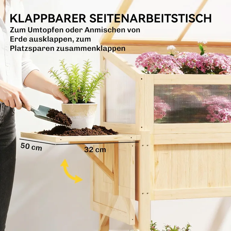 Outsunny Hochbeet mit Frühbeetaufsatz aus Holz Pflanzkasten mit Gewächshaus klappbar Seitentisch Ablagefach, Erhöhtes Frühbeet Pflanzbeet 104x50x120cm Kräuterbeet für Garten Balkon Terrasse Naturholz – Bild 6