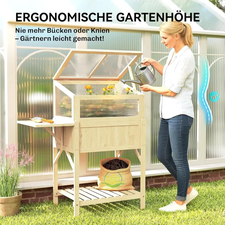 Outsunny Hochbeet mit Frühbeetaufsatz aus Holz Pflanzkasten mit Gewächshaus klappbar Seitentisch Ablagefach, Erhöhtes Frühbeet Pflanzbeet 104x50x120cm Kräuterbeet für Garten Balkon Terrasse Naturholz – Bild 7
