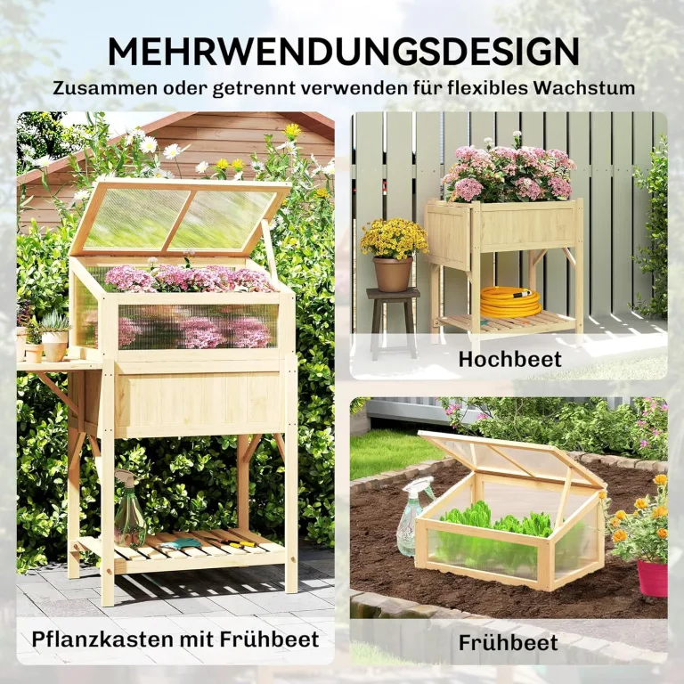 Outsunny Hochbeet mit Frühbeetaufsatz aus Holz Pflanzkasten mit Gewächshaus klappbar Seitentisch Ablagefach, Erhöhtes Frühbeet Pflanzbeet 104x50x120cm Kräuterbeet für Garten Balkon Terrasse Naturholz – Bild 4