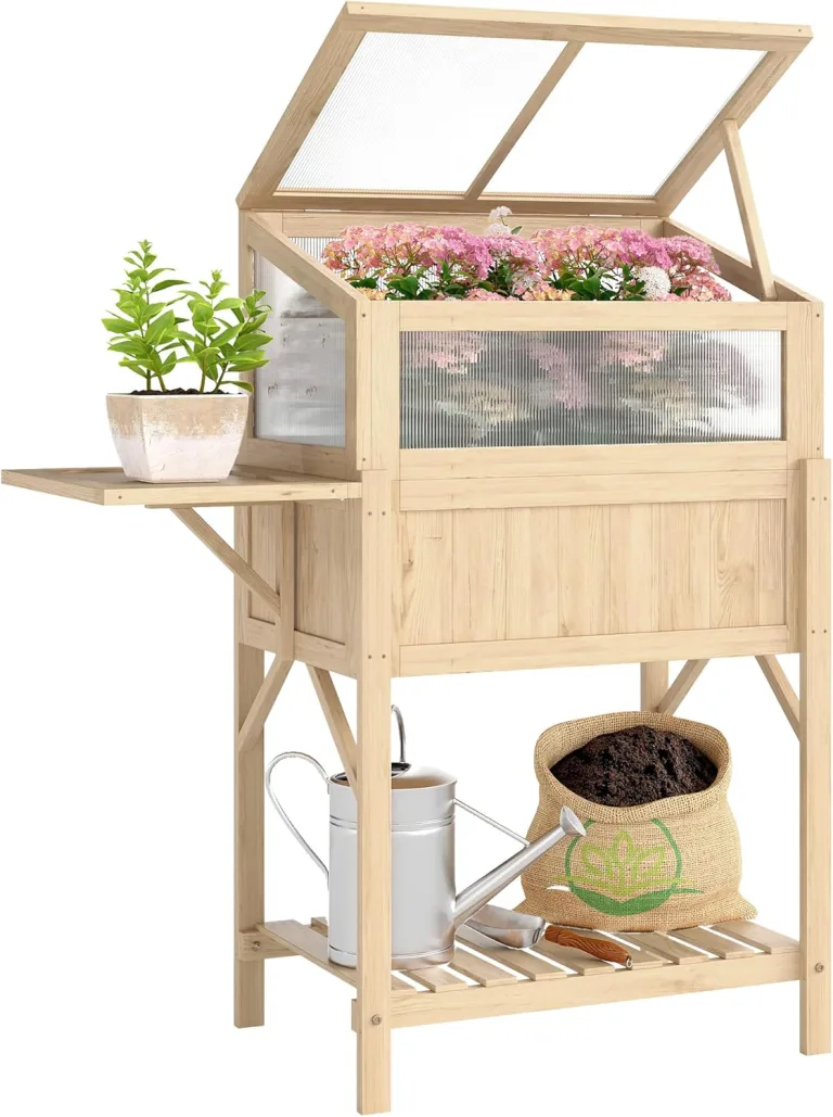 Outsunny Hochbeet mit Frühbeetaufsatz aus Holz Pflanzkasten mit Gewächshaus klappbar Seitentisch Ablagefach, Erhöhtes Frühbeet Pflanzbeet 104x50x120cm Kräuterbeet für Garten Balkon Terrasse Naturholz – Bild 1