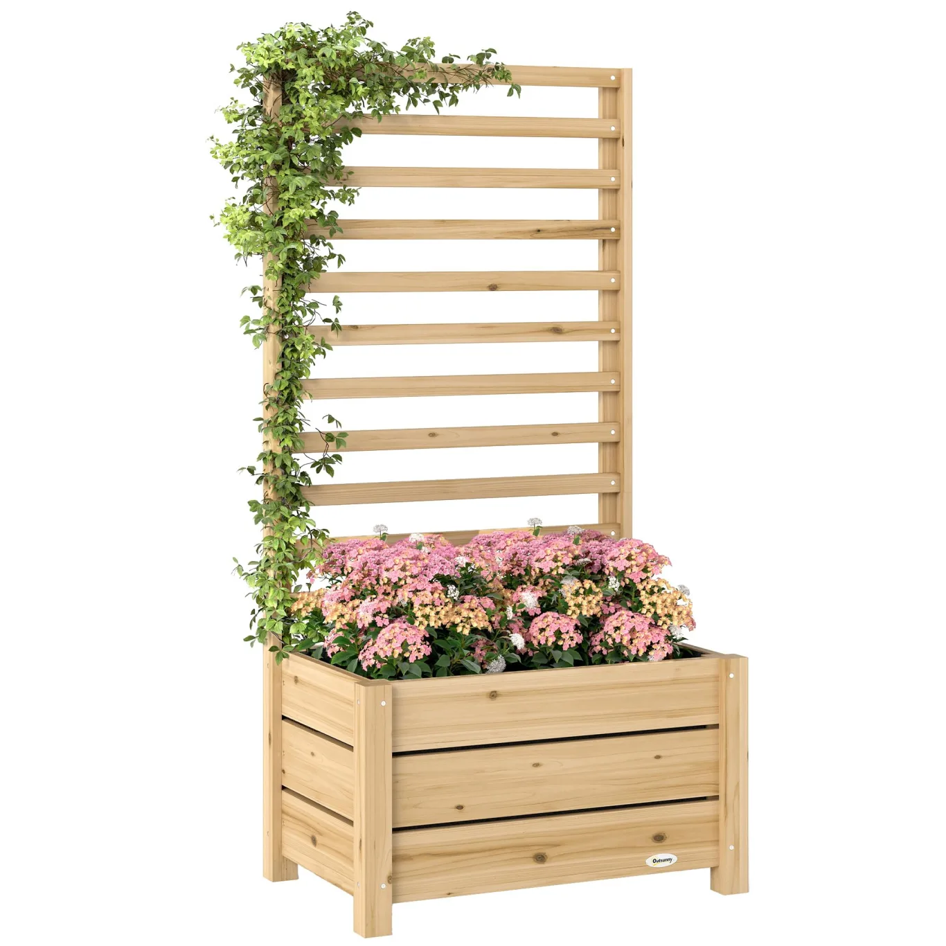 Outsunny Hochbeet mit Rankgitter Holz erhöhter Blumenkasten mit Spalier Abflussloch Vliesstoff, Pflanzkasten Pflanzkübel Blumenkübel Rankkasten für Kletterpflanzen Garten 60 x 39 x 120 cm Naturholz - Bild 1