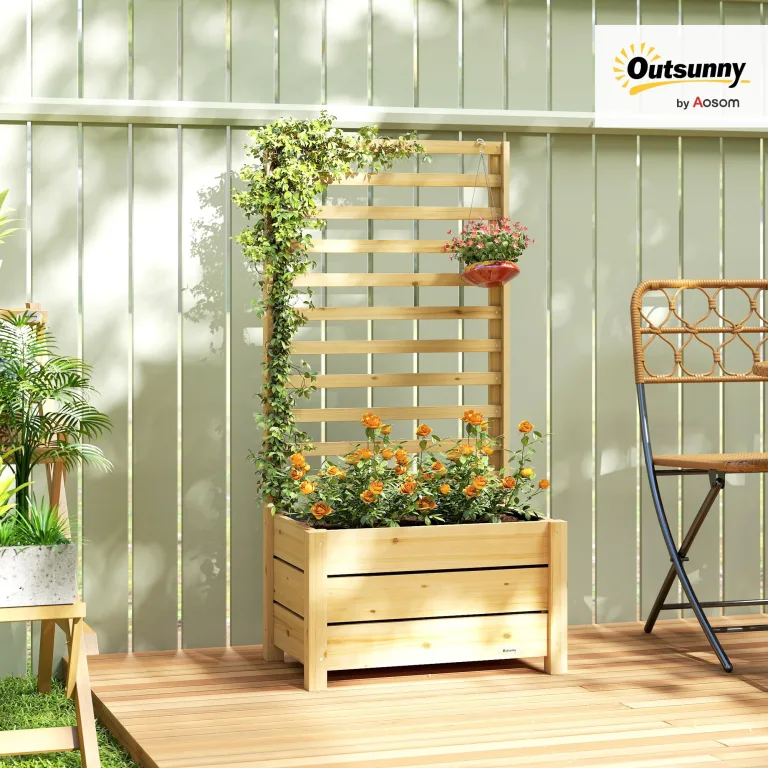 Outsunny Hochbeet mit Rankgitter Holz erhöhter Blumenkasten mit Spalier Abflussloch Vliesstoff, Pflanzkasten Pflanzkübel Blumenkübel Rankkasten für Kletterpflanzen Garten 60 x 39 x 120 cm Naturholz – Bild 2