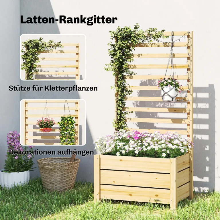 Outsunny Hochbeet mit Rankgitter Holz erhöhter Blumenkasten mit Spalier Abflussloch Vliesstoff, Pflanzkasten Pflanzkübel Blumenkübel Rankkasten für Kletterpflanzen Garten 60 x 39 x 120 cm Naturholz – Bild 3