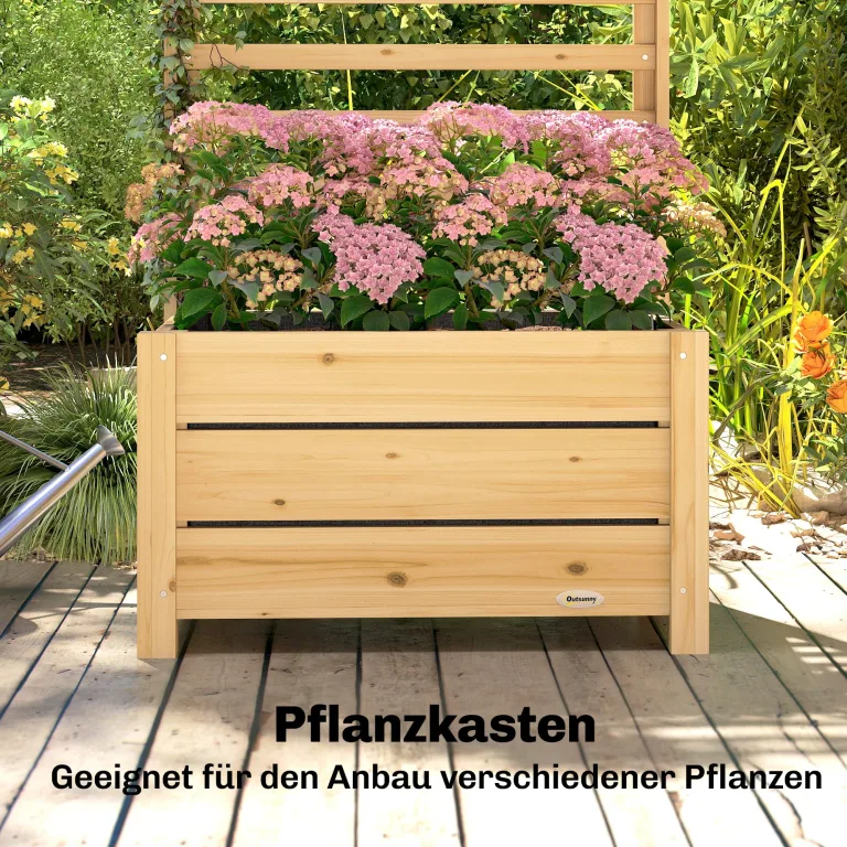 Outsunny Hochbeet mit Rankgitter Holz erhöhter Blumenkasten mit Spalier Abflussloch Vliesstoff, Pflanzkasten Pflanzkübel Blumenkübel Rankkasten für Kletterpflanzen Garten 60 x 39 x 120 cm Naturholz – Bild 4