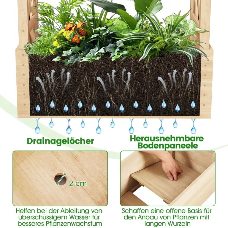 COSTWAY Blumenkasten mit Rankgitter & hängendem Dach, Pflanzkasten mit Rankhilfe, Hochbeet für Kletterpflanzen & hängende Körbe, für Garten Hof Terrasse, Pflanzkübel Holz, Natur, 66x32x152cm – Bild 6