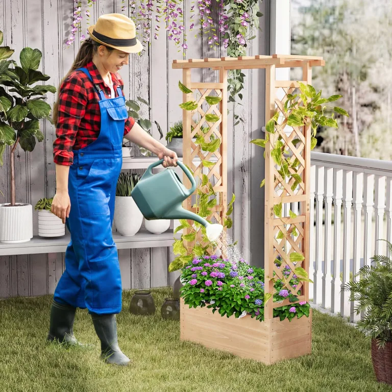 COSTWAY Blumenkasten mit Rankgitter & hängendem Dach, Pflanzkasten mit Rankhilfe, Hochbeet für Kletterpflanzen & hängende Körbe, für Garten Hof Terrasse, Pflanzkübel Holz, Natur, 66x32x152cm – Bild 9