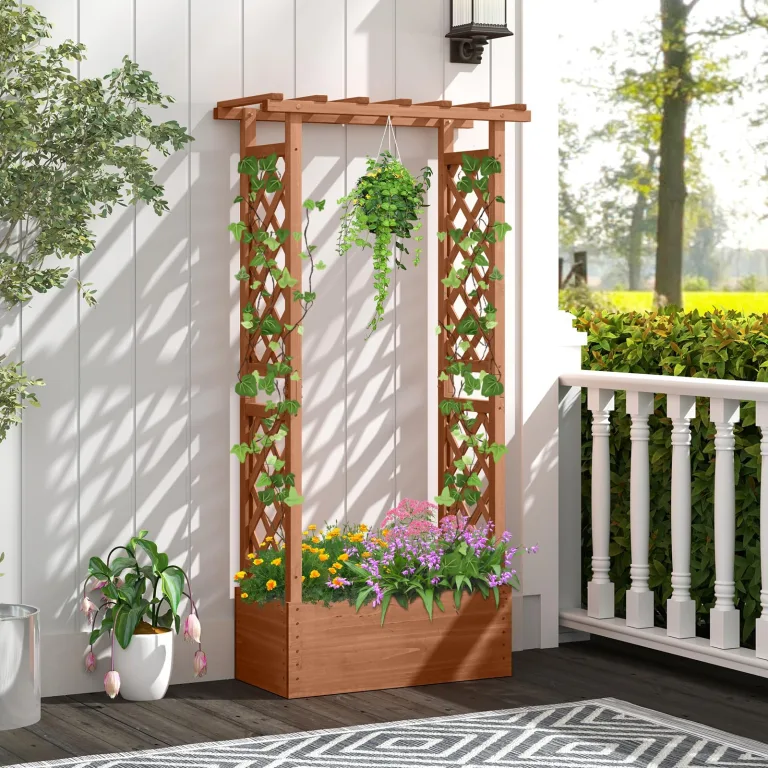 COSTWAY Blumenkasten mit Rankgitter & hängendem Dach, Pflanzkasten mit Rankhilfe, Hochbeet für Kletterpflanzen & hängende Körbe, für Garten Hof Terrasse, Pflanzkübel Holz, Braun, 66x32x152cm – Bild 2
