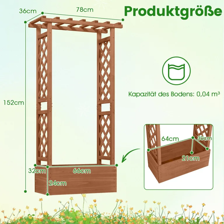 COSTWAY Blumenkasten mit Rankgitter & hängendem Dach, Pflanzkasten mit Rankhilfe, Hochbeet für Kletterpflanzen & hängende Körbe, für Garten Hof Terrasse, Pflanzkübel Holz, Braun, 66x32x152cm – Bild 3