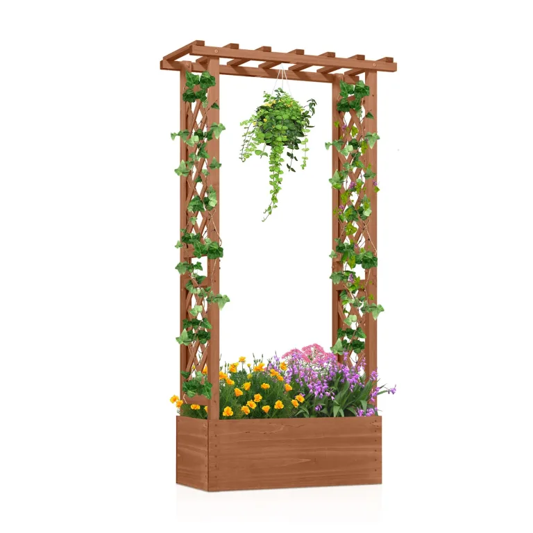 COSTWAY Blumenkasten mit Rankgitter & hängendem Dach, Pflanzkasten mit Rankhilfe, Hochbeet für Kletterpflanzen & hängende Körbe, für Garten Hof Terrasse, Pflanzkübel Holz, Braun, 66x32x152cm – Bild 1