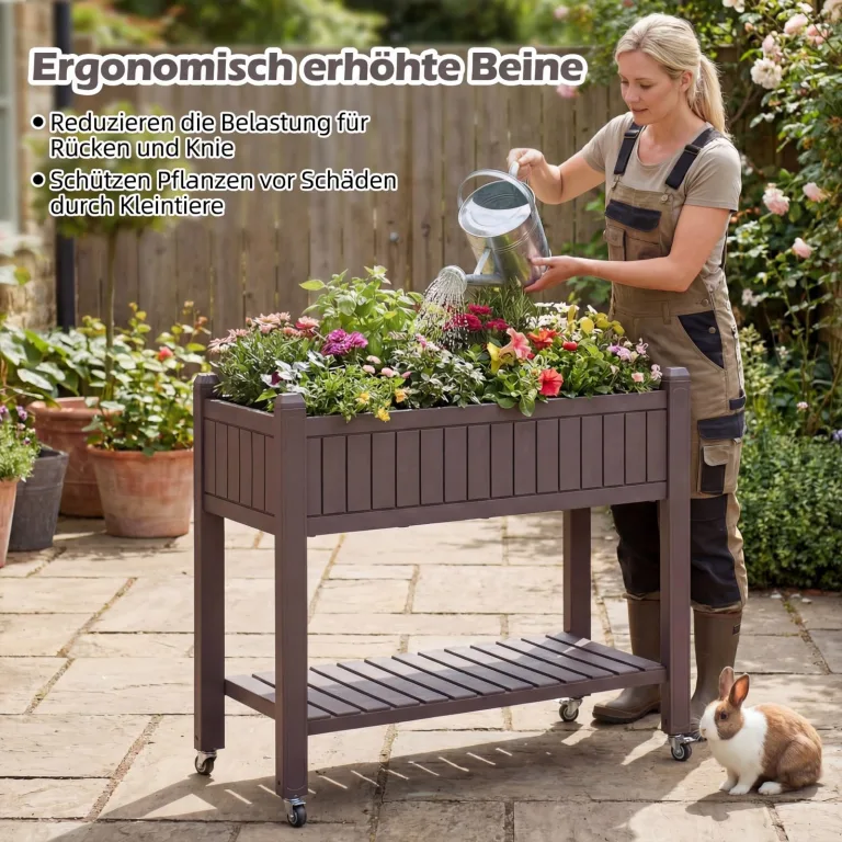 COSTWAY Hochbeet mit Rollen, erhöhtes Gartenbeet mit Ablage, Wasserstandsanzeiger & Ablauflöchern, Kräuterbeet Gemüsebeet, aus Kunststoff und Metall, Pflanztisch für Balkon Garten Terrasse, Braun – Bild 3