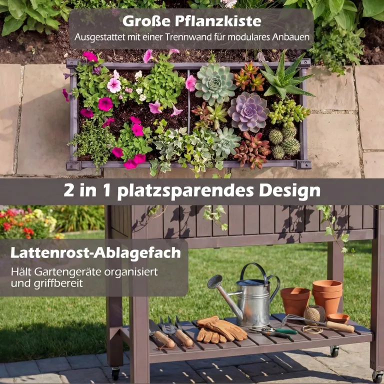 COSTWAY Hochbeet mit Rollen, erhöhtes Gartenbeet mit Ablage, Wasserstandsanzeiger & Ablauflöchern, Kräuterbeet Gemüsebeet, aus Kunststoff und Metall, Pflanztisch für Balkon Garten Terrasse, Braun – Bild 5