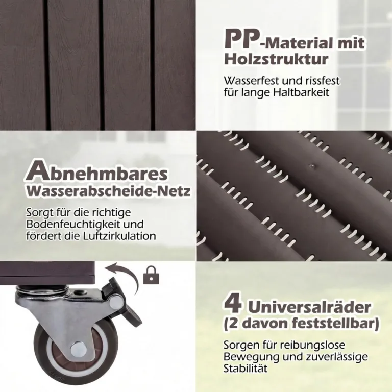 COSTWAY Hochbeet mit Rollen, erhöhtes Gartenbeet mit Ablage, Wasserstandsanzeiger & Ablauflöchern, Kräuterbeet Gemüsebeet, aus Kunststoff und Metall, Pflanztisch für Balkon Garten Terrasse, Braun – Bild 7
