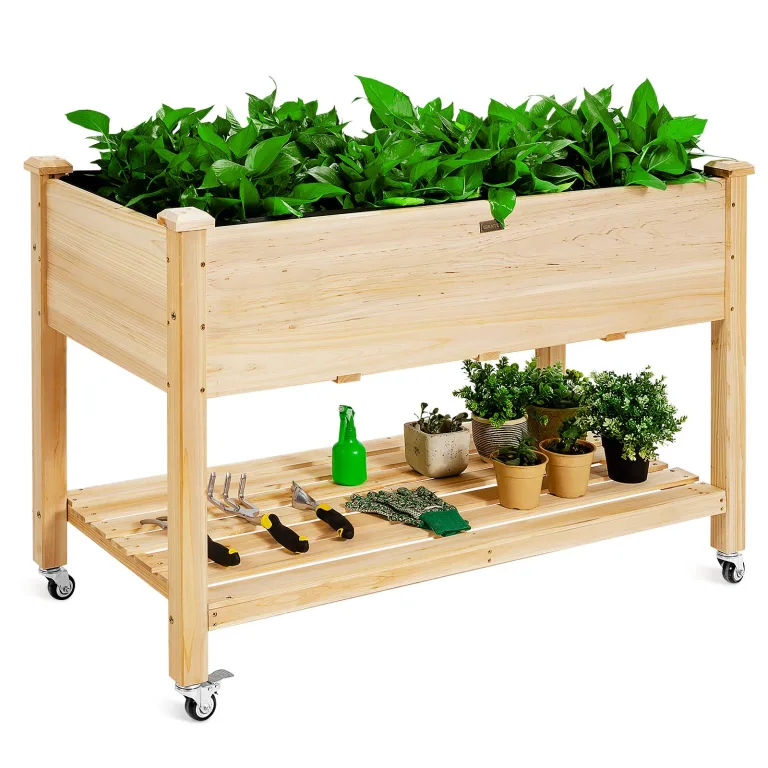 COSTWAY Hochbeet mit Rollen, erhöhtes Gartenbeet mit Ablage, Wasserstandsanzeiger & Ablauflöchern, Kräuterbeet Gemüsebeet, aus Kunststoff und Metall, Pflanztisch für Balkon Garten Terrasse, Braun – Bild 10