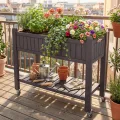 COSTWAY Hochbeet mit Rollen, erhöhtes Gartenbeet mit Ablage, Wasserstandsanzeiger & Ablauflöchern, Kräuterbeet Gemüsebeet, aus Kunststoff und Metall, Pflanztisch für Balkon Garten Terrasse, Braun - Thumbnail 8