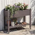 COSTWAY Hochbeet mit Rollen, erhöhtes Gartenbeet mit Ablage, Wasserstandsanzeiger & Ablauflöchern, Kräuterbeet Gemüsebeet, aus Kunststoff und Metall, Pflanztisch für Balkon Garten Terrasse, Braun - Thumbnail 9