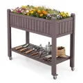 COSTWAY Hochbeet mit Rollen, erhöhtes Gartenbeet mit Ablage, Wasserstandsanzeiger & Ablauflöchern, Kräuterbeet Gemüsebeet, aus Kunststoff und Metall, Pflanztisch für Balkon Garten Terrasse, Braun - Thumbnail 1